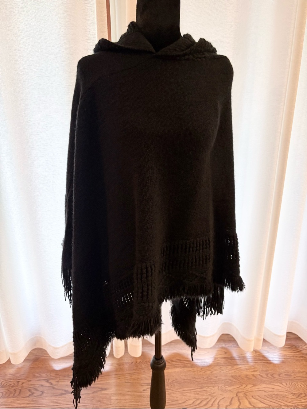 Navy Blue Hooded Fringe Poncho Sweater - Women's